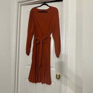 Women's Spring Midi Dress Long Puff Sleeve Wrap V Neck Flowy Ruffle Pleated